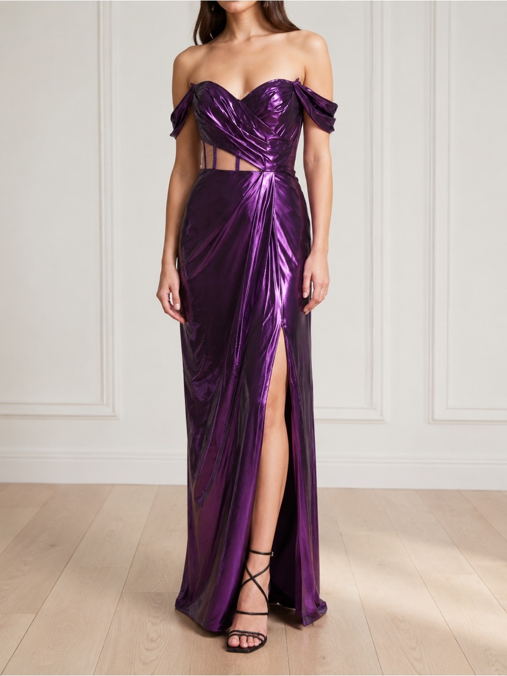 Marchesa Notte NWT Size 16 Amethyst Metallic Lamé Off Shoulder Gown Corset